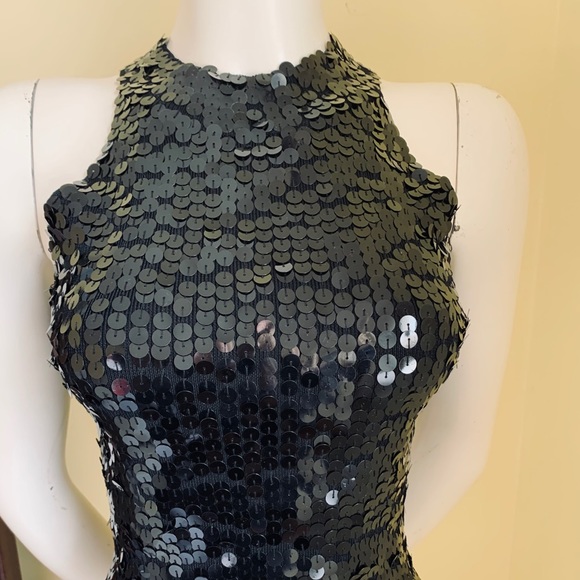 Shiny Black knit tank top fully sequined front halter neck elastic fit US S-M - Picture 3 of 9